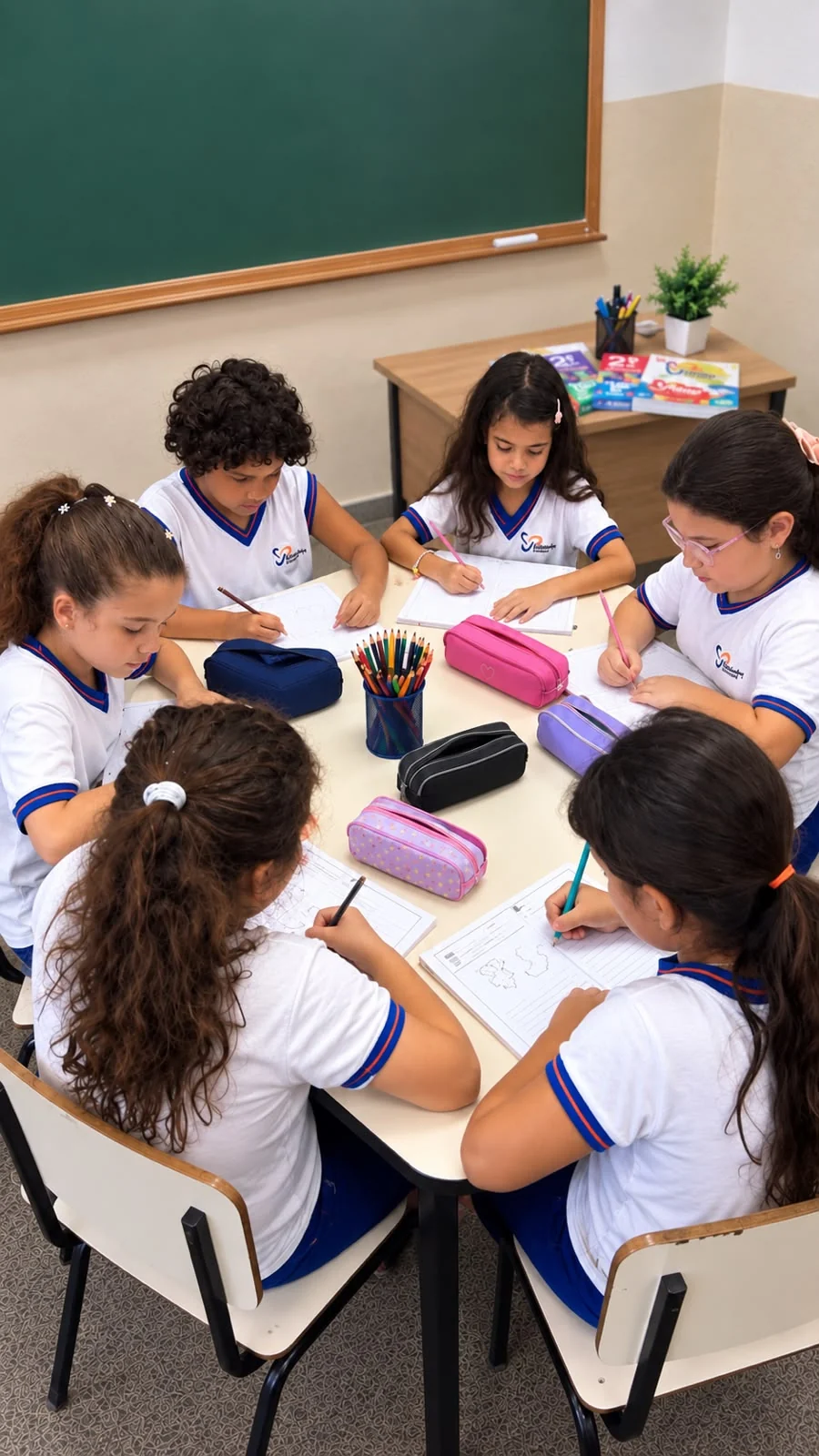 Estudantes dos anos iniciais fazem atividade escrita em sala de aula, acompanhados por uma educadora.
